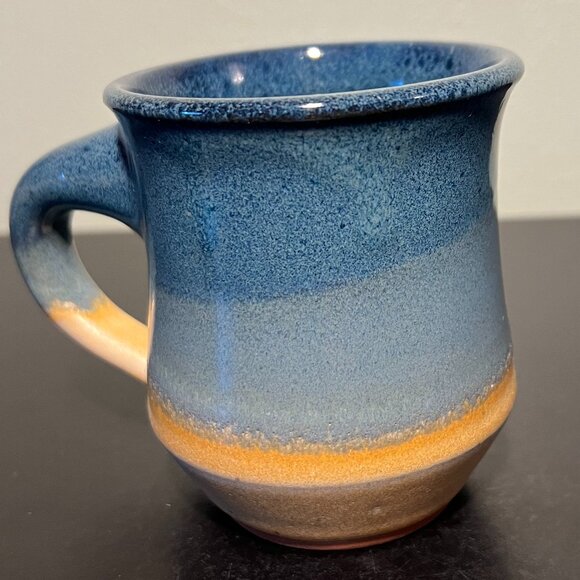 Handcrafted Pottery Mug Glazed in Hues of Blue and Golden Beige ~ Artist Signed - Picture 3 of 14